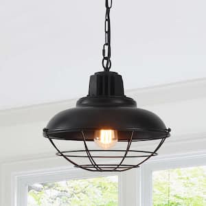 1-Light Black Industrial Dome Hanging Pendant Light Chandelier with Metal Net Cover for Kitchen Island