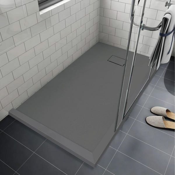Trimslate 67 in. L x 35.5 in. W Corner Shower Pan Base with Reversible Drain and Double Threshold in Dark Grey