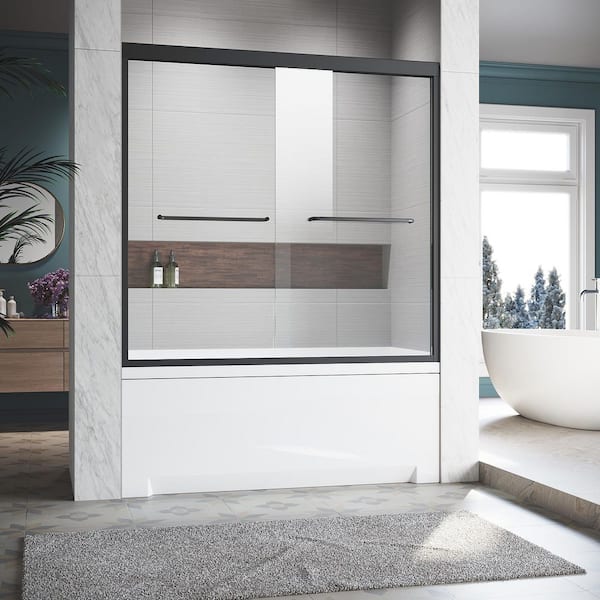 60 in. W x 62 in. H Semi Frameless Sliding Tub Door in Matte Black with Clear Glass and 304 Stainless Steel Handles
