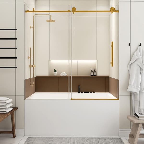 60 in. W x 60 in. H Sliding Tub Door in Brushed Gold with Clear Tempered Glass