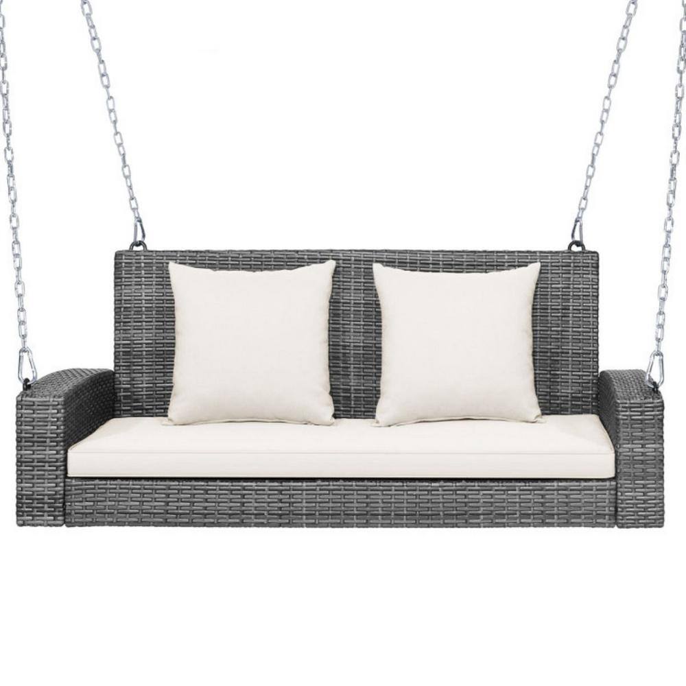 Gray Steel Frame Porch Swing with White Cushions