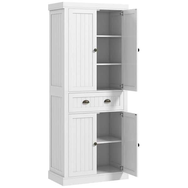 White Freestanding Kitchen Pantry Cabinet with 4 Soft-Close Doors, 2 Adjustable Shelves and Drawer for Dining Room
