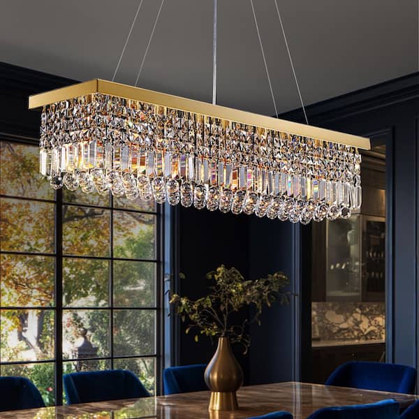8 Light 39 In. Gold Traditional Crystal Chandelier for Rectangular Dining Table without Bulbs