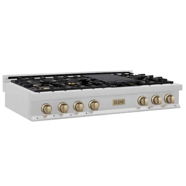 ZLINE Kitchen and Bath Autograph Edition 48 in. 7 Burner Front Control Gas Cooktop & Champagne Bronze Knobs in Fingerprint Resistant Stainless