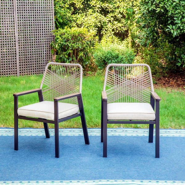 PHI VILLA Black Metal Woven Rope Outdoor Patio Dining Chair with Beige Cushions (2-Pack)