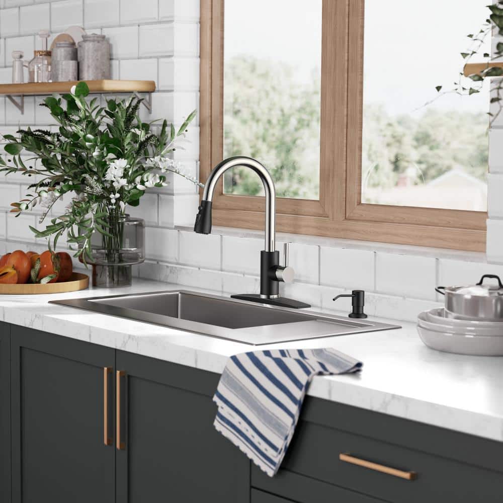 Black Chrome Single Handle Pull Down Kitchen Faucet with Soap Dispenser