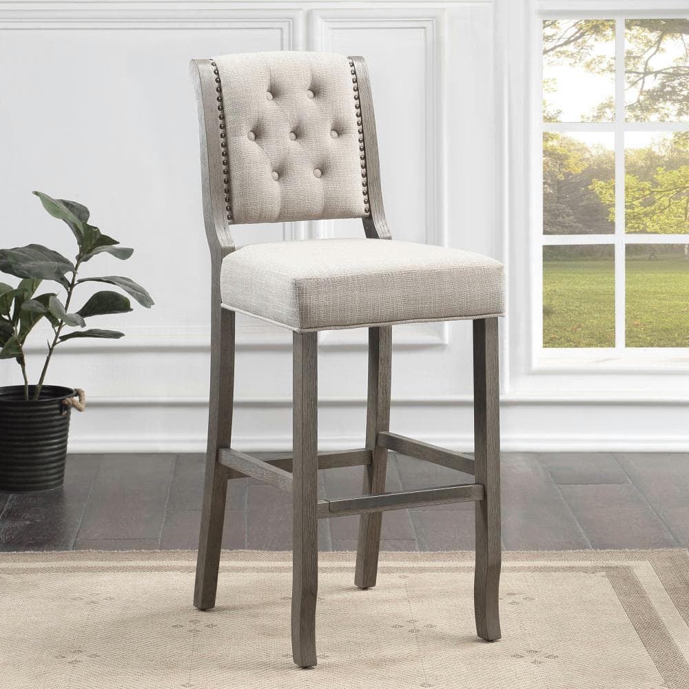 Gray Tufted Back Solid Wood 30-inch Bar Stool