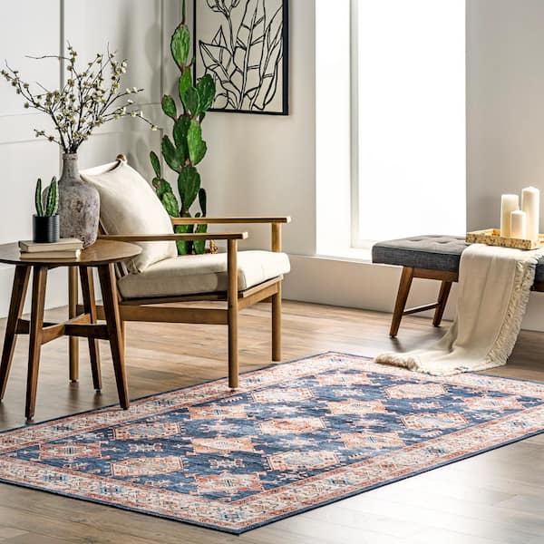 Finley Navy Doormat 3 ft. x 5 ft. Machine Washable Vintage Distressed Indoor Area Rug