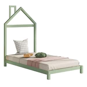 42.30 in. W Twin Size Wood Platform Bed in Green with House-shaped Headboard