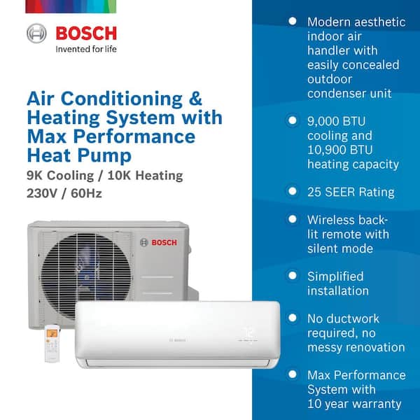 årsag Voksen latin Bosch Max Performance ENERGY STAR 9,000 BTU 0.75 Ton Ductless Mini Split  Air Conditioner and Heat Pump - 230-Volt/60 Hz-8733954431 - The Home Depot