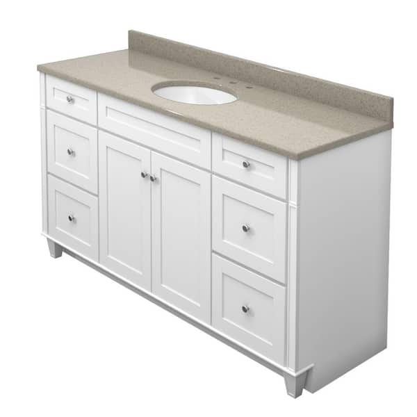 KraftMaid 60 in. Vanity in Dove White with Natural Quartz Vanity Top in Olive Ovation and White Sink