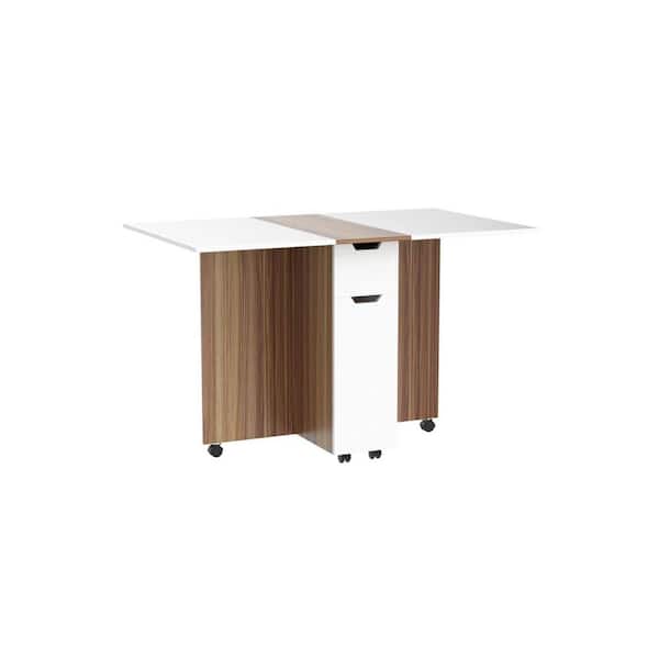 JOMEED 48 in. Rectangle White and Brown Wood Particle Board Folding Dining Kitchen Table with Drawer and 2-Layer Storage Shelf