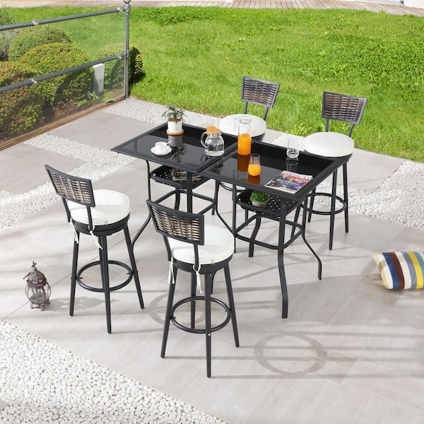 Patio Festival 6-Piece Wicker Bar Height Outdoor Dining Set with Beige Cushions