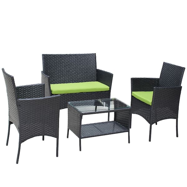 4-Piece Black Wicker Outdoor Sectional Set with Loveseat, 2 Chairs, Tempered Glass Top Coffee Table, Green Cushions