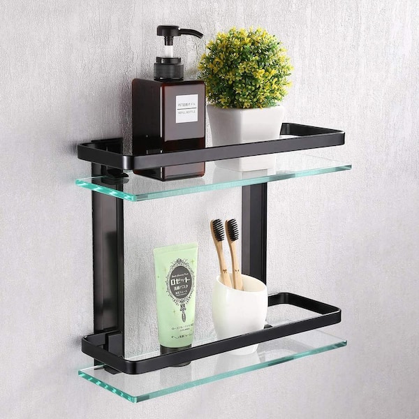 Bathroom Wall Shelf 15.7 In Black Glass Bathroom Shelf With 4 Removable  Hooks Silver Floating Shelves Tempered Glass Shelves Wall Mounted(2 Tier) -  Yahoo Shopping