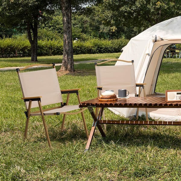 2 Pack Khaki Camping Chairs with Steel Frame 600D Oxford Fabric and Wooden Armrests Portable Kermit Style Folding Chairs