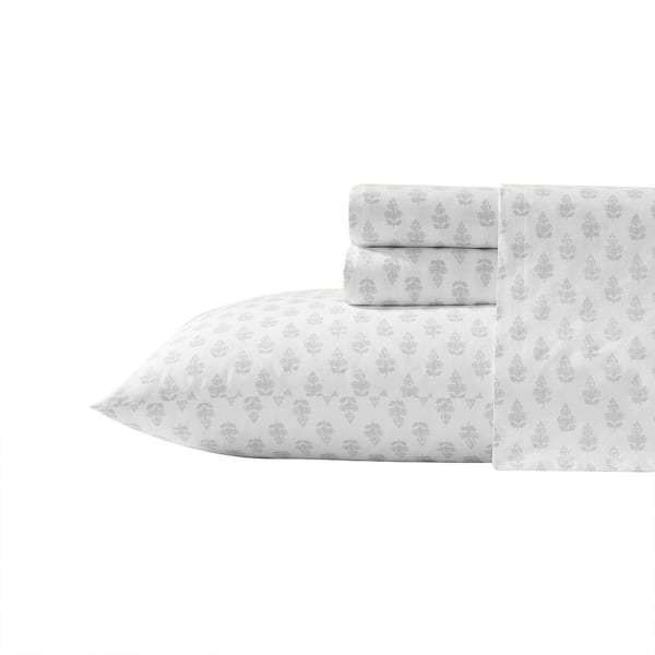 Francesca Floral 4-Piece Grey/White Percale Cotton Queen Sheet Set