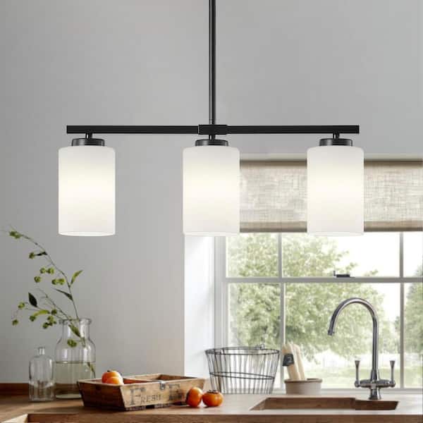 ZSMIHDOH 3-Light Black Modern Kitchen Island Light Fixture, Linear Chandelier Pendant Hanging Light w/ White Frosted Glass Shade