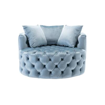 Light Blue Swivel Upholstered Barrel Living Room Chair With Tufted Cushions