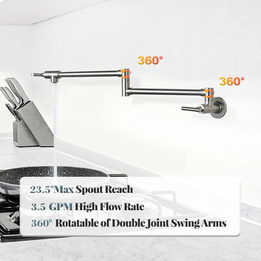Brushed Nickel Double Handle Wall Mount Pot Filler Faucet