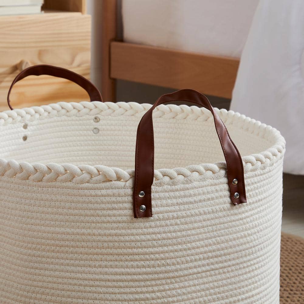 Extra Large Cream Cotton Rope Laundry Hamper with Leather Handles