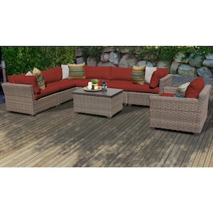 Monterey 8-Piece Wicker Patio Conversation Sectional Seating Group with Terracotta Red Cushions