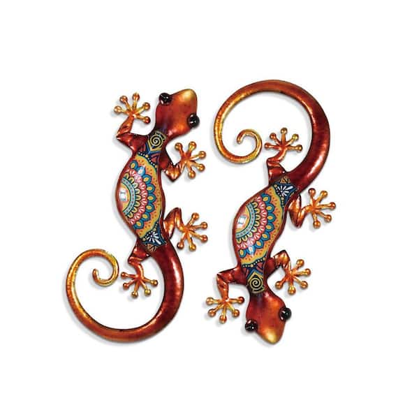 15 in. Metal Wall Art Decor, Lizard Outdoor Hanging Glass Sculpture Decoration for Yard Garden Art, 2-Pack