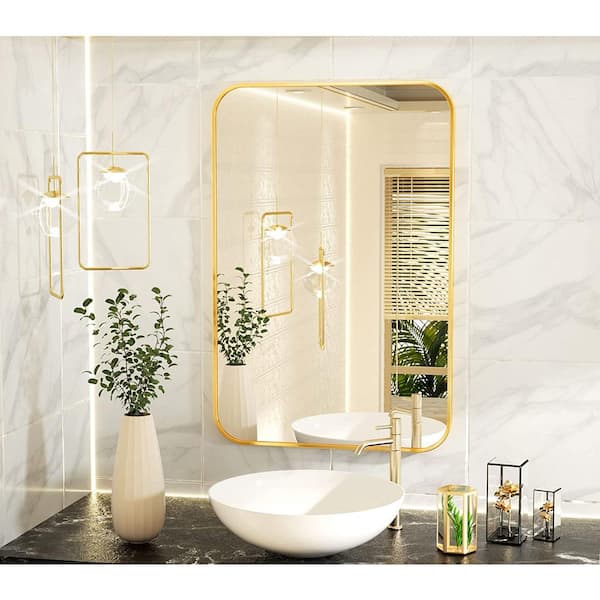 Koonmi 20 in. W x 28 in. H Rectangular Aluminum Alloy Framed Rounded Gold Wall Mirror Bathroom Vanity Mirror