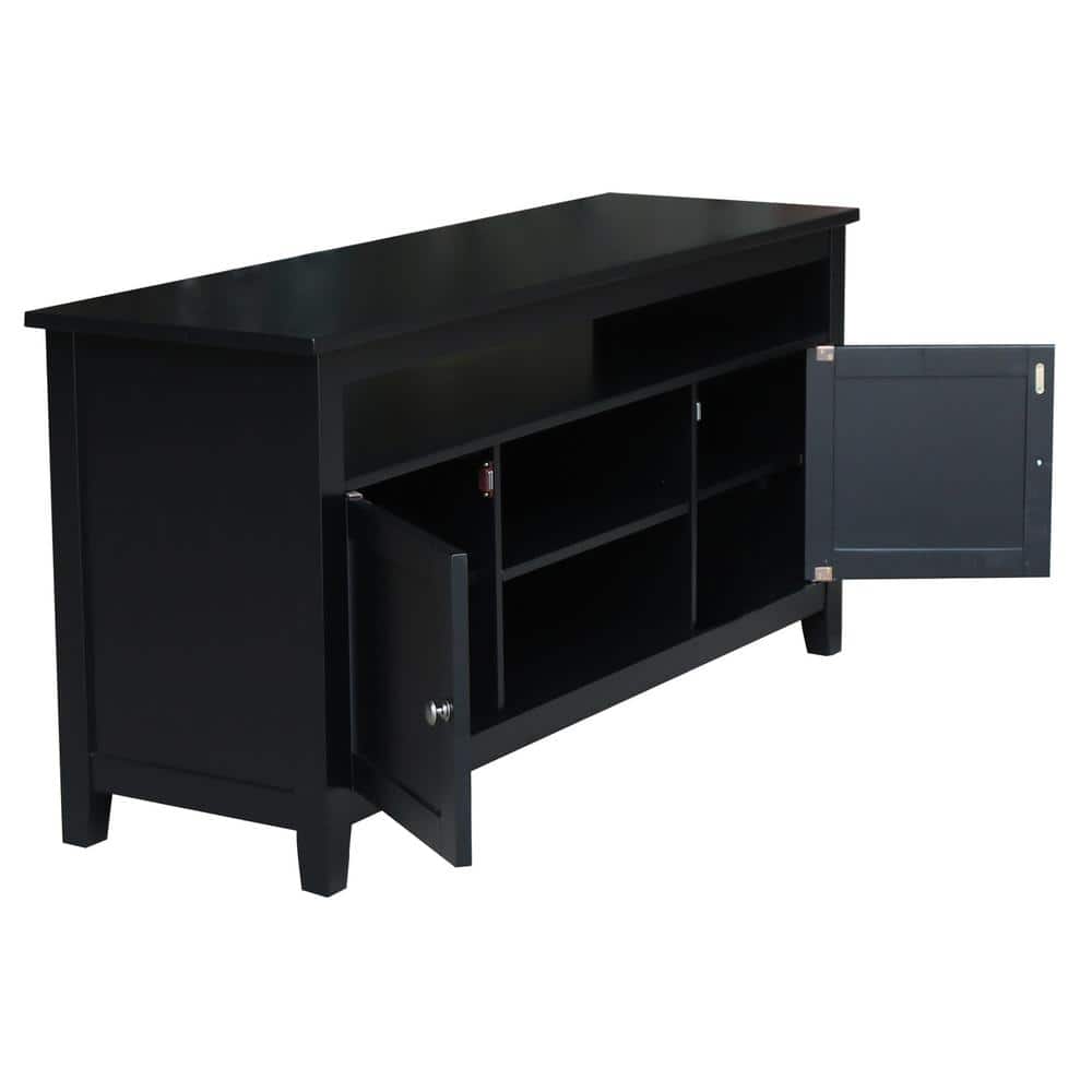 Black Solid Wood TV Stand with Cabinets and Shelves
