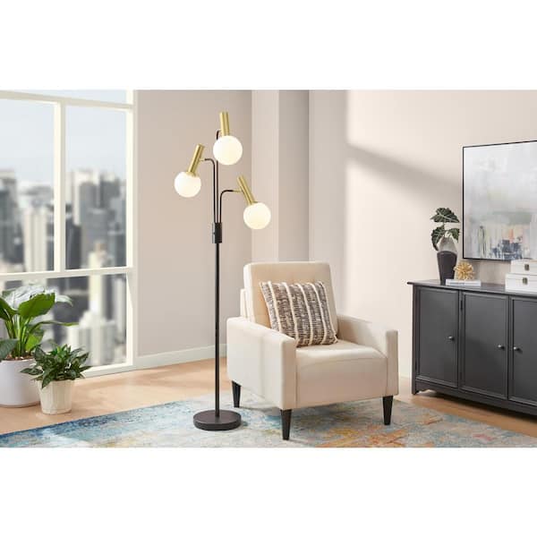 Hampton Bay Kingsbridge 70 in. 3-Light Black and Gold Tree Floor Lamp with White Glass Globe Shades
