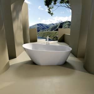 59 in. Acrylic Freestanding Flatbottom Single Slipper Soaking Bathtub in White with Brass Drain