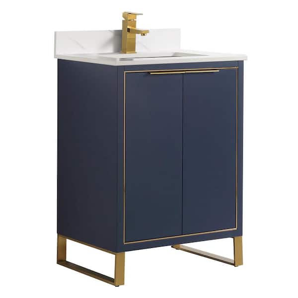 FINE FIXTURES Opulence 24 in. W x 18 in. D x 33.5 in H. Bath Vanity in Navy Blue with White Carrara Single Sink Stone Top