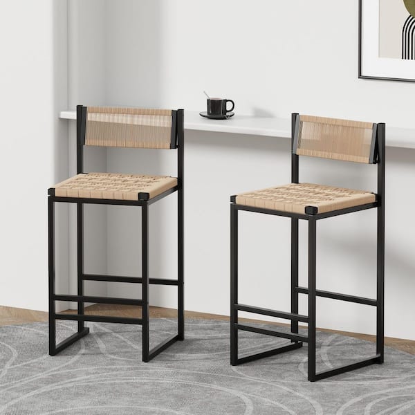 Wren Modern 25 in. H Honey Counter Height Metal Bar Stools with Rope Weave Seat and Back, Set of 2