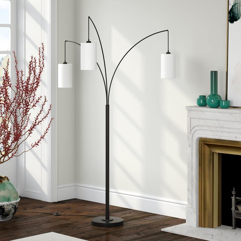 Adjustable Blackened Bronze Torchiere Floor Lamp with Linen Shades