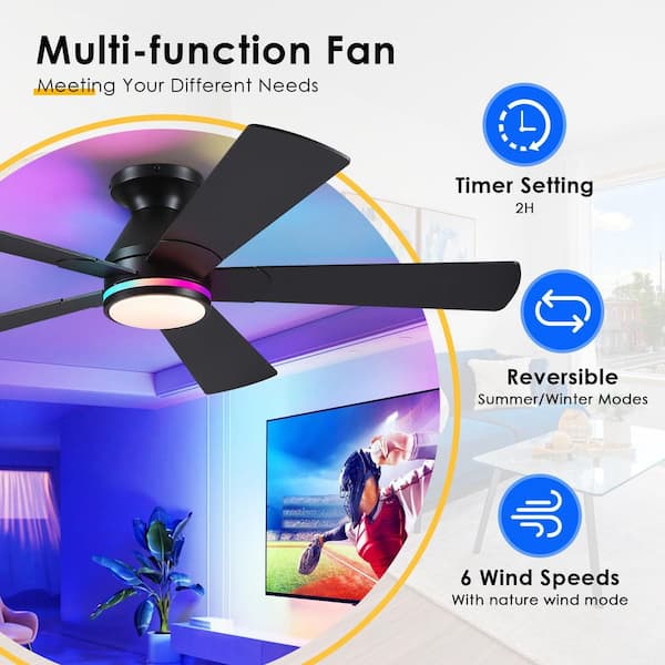 Kviflon 52 in. Indoor/Outdoor Modern Flush Mount Black Ceiling Fan