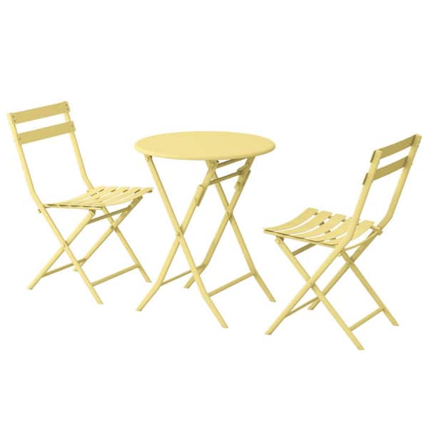 Yellow Metal Patio Bistro Set of Foldable Round Outdoor Dining Table and Chairs Set of 3