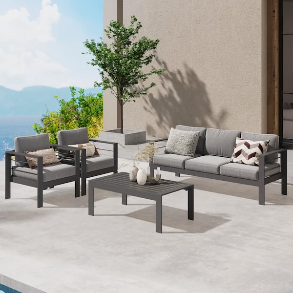 SUNVIVI Grey 4-Piece Aluminum Patio Conversation Set with Dark Grey ...