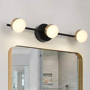22 in. Modern 3-Light Black Integrated LED Bathroom Vanity Light, Brass Gold Wall Sconce with Round Shade