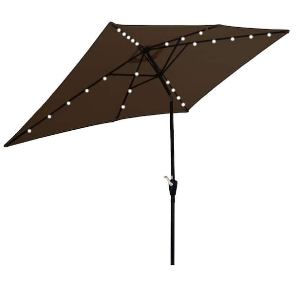 GAWEZA 10 ft. x 6.5 ft. Metal Market Solar Tilt Patio Umbrella in Chocolate with Solar Led Lights and Crank