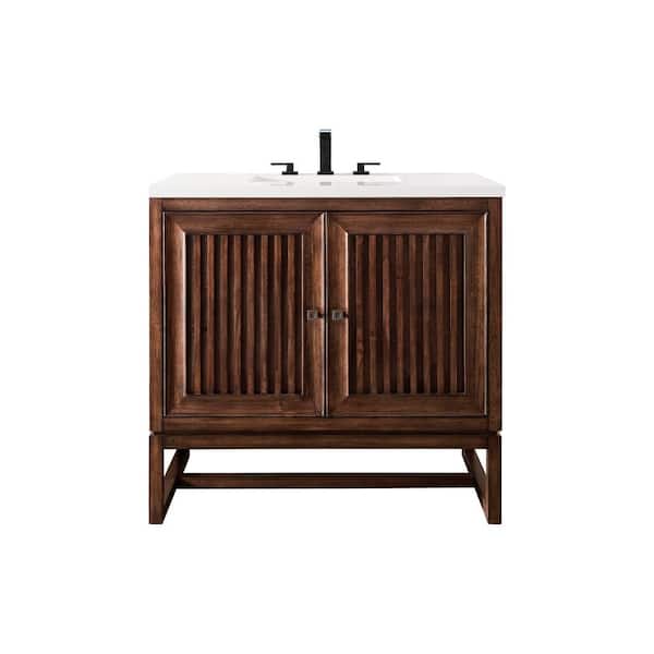 James Martin Vanities Athens 36.0 in. W x 23.5 in. D x 34.5 in. H Bathroom Vanity in Mid Century Acacia with White Zeus Quartz Top