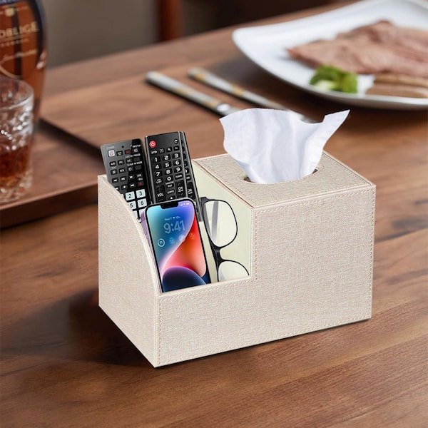 Wudkey White Leather Square Tissue Box Cover with Storage