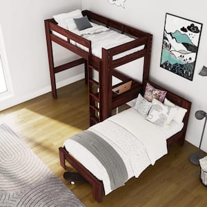 Jaymee Kids L-Shaped Twin Wood Bunk Bed with Desk, Nutmeg