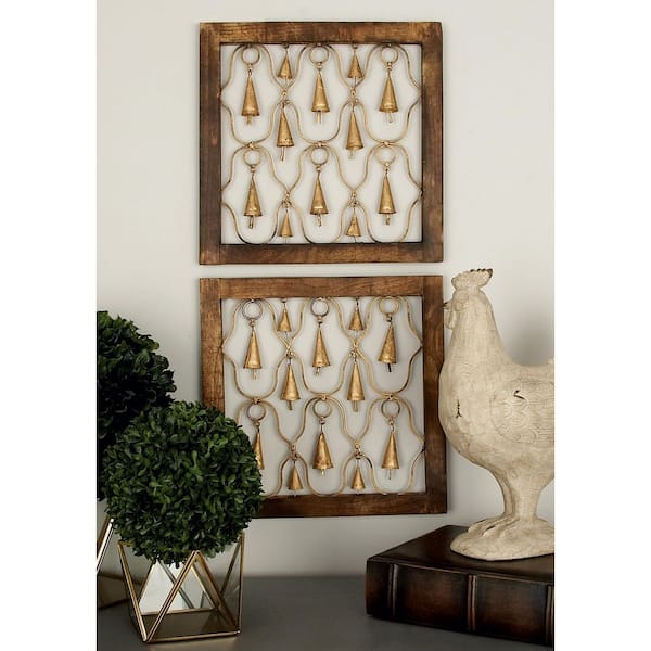 Litton Lane Mango Wood Brown Framed Bell Wall Decor (Set of 2)