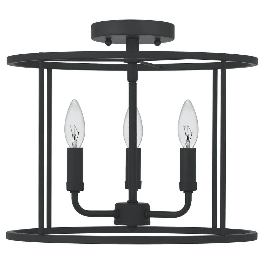 Abner Matte Black 14" Transitional Semi-Flush Mount with Hammered Glass