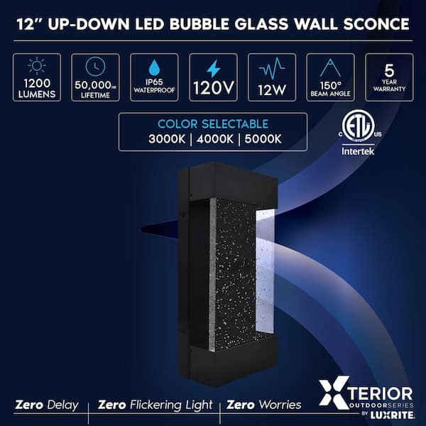 12 in. Black Outdoor LED Up and Down Wall Sconce Light 3CCT 3000K-5000K Seeded Bubble Glass 12-Watt ETL IP65