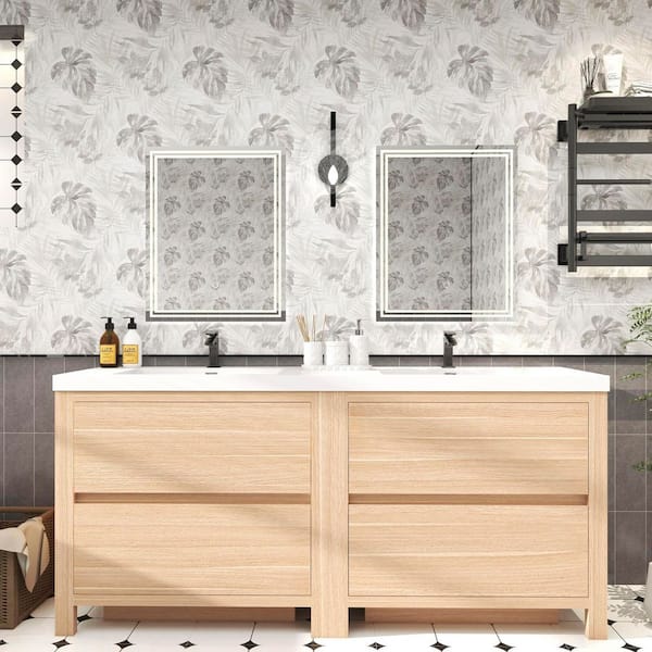 Louis 71 in. W x 20 in. D x 35 in. H Double Sink Freestanding Bath Vanity in Champagne Oak with White Acrylic Top