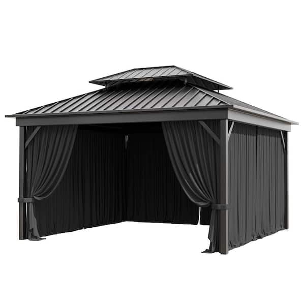 12 ft. x 12 ft. Universal Outdoor Privacy Curtains, Gazebo Replacement with Zipper Black (4-Side Curtain Only)