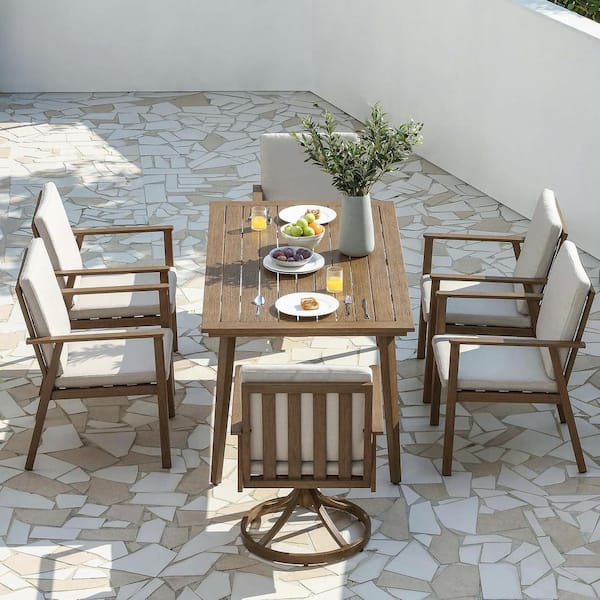 Teak Brown 7-Piece Aluminum Patio Furniture Set Outdoor Dining Set 2 Swivel Chairs with White Cushion and Umbrella Hole