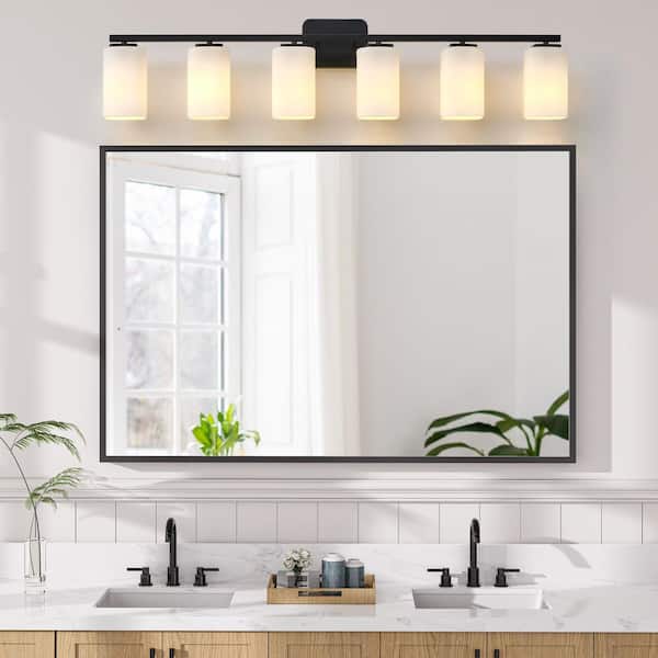 43.25 in. 6-Light Black Clemmon Vanity Light with Square Frosted Glass Shade