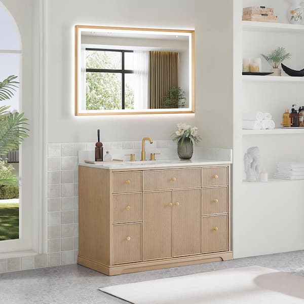 Barnett 48 in. Single Freestanding Natural Oak Bath Vanity with Grain White Engineered Stone Top Assembled